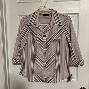Apostrophe stretch striped button down 3/4 length sleeve top